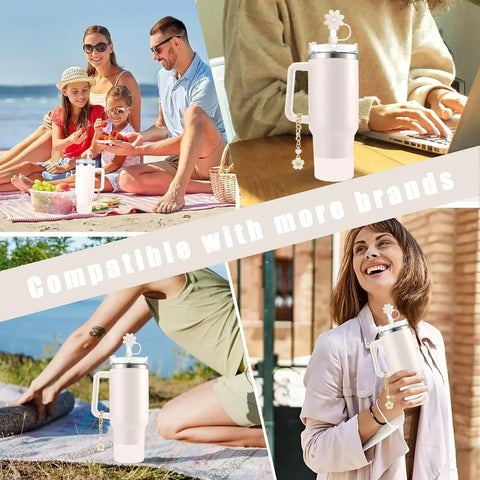 9pcs Cup Accessories for Stanley Set, 3 Spill Proof Stopper 2 Straws and Brush and 1 Flower Charm Chain Flowers Straw Cover Boot