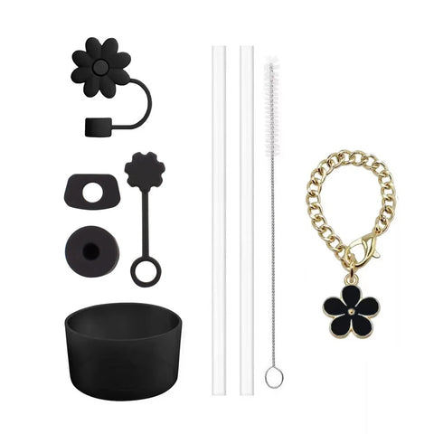 9pcs Cup Accessories for Stanley Set, 3 Spill Proof Stopper 2 Straws and Brush and 1 Flower Charm Chain Flowers Straw Cover Boot